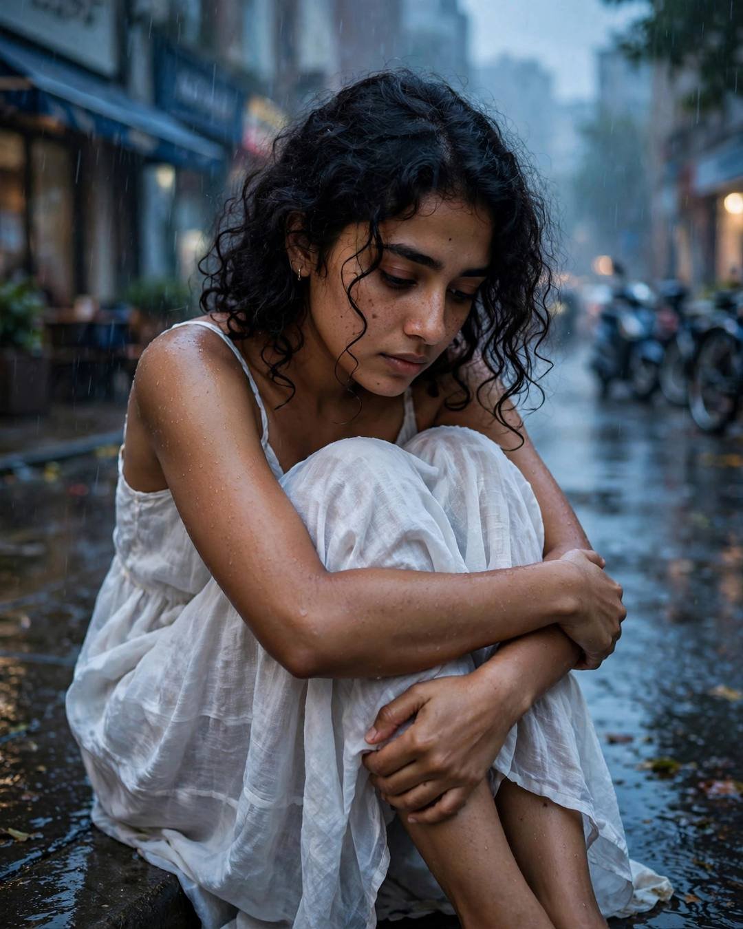 Young woman in white dress sitting with knees drawn up on a rain-soaked street