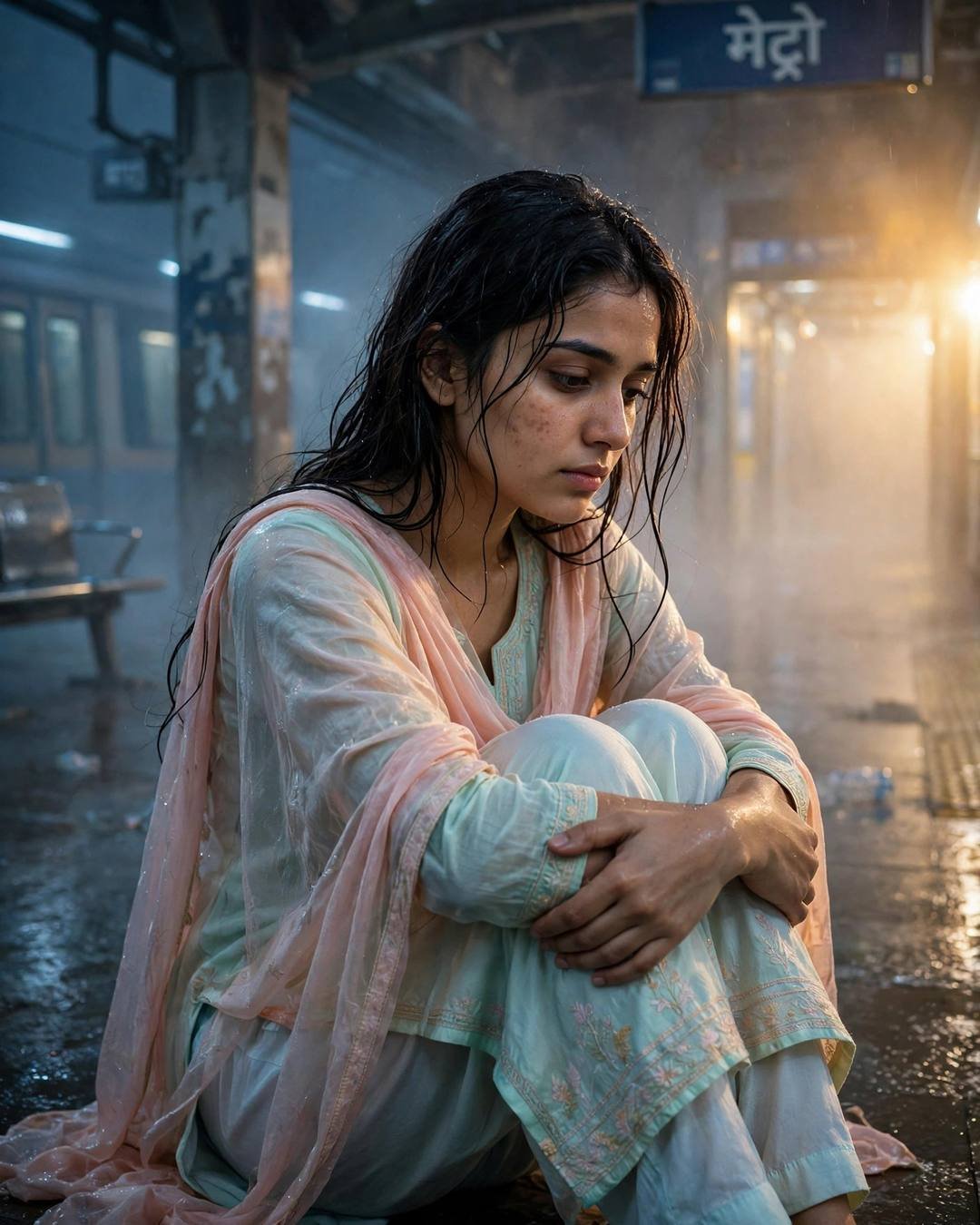 Young woman in pastel salwar-kameez sitting on a foggy midnight metro platform