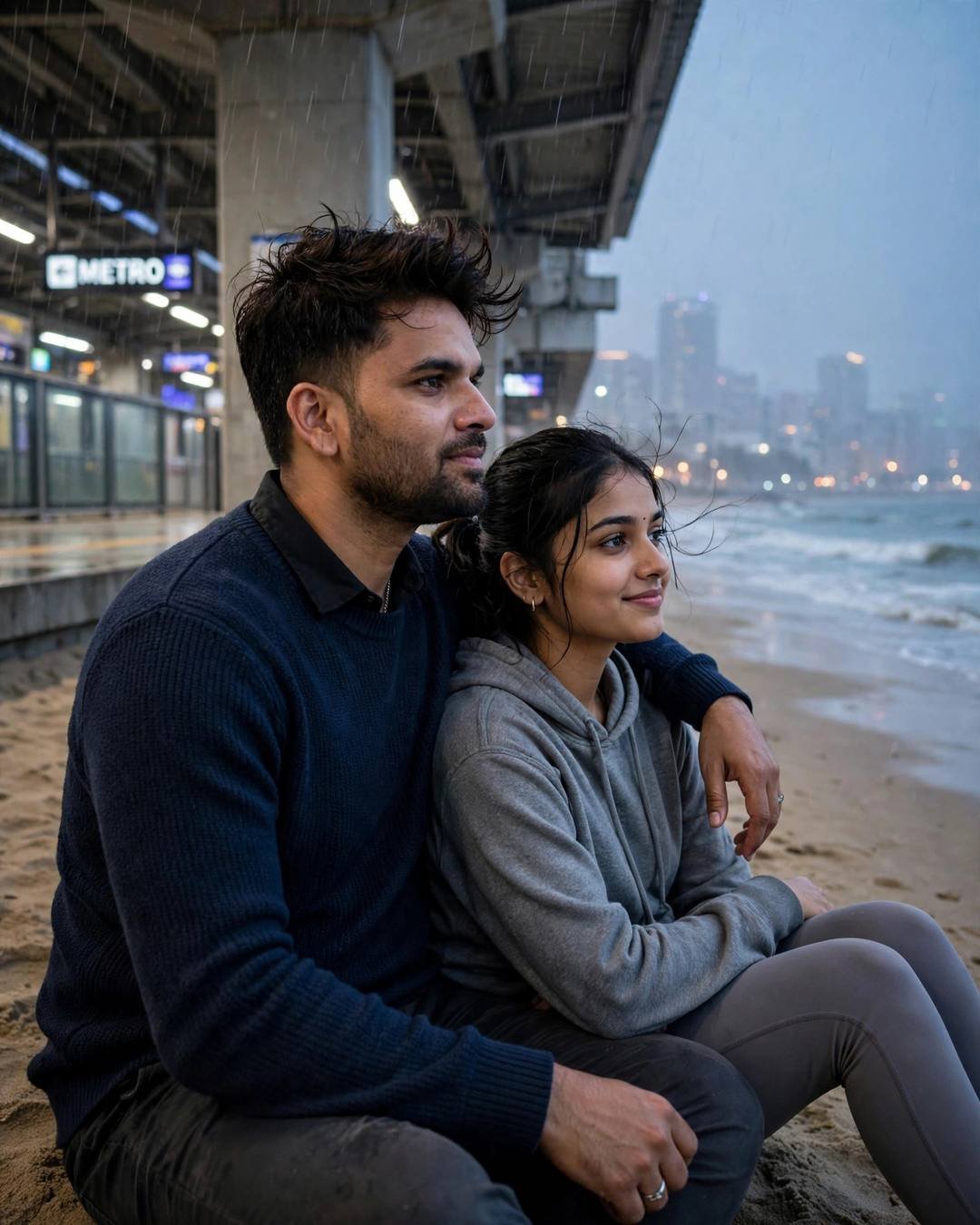 Couple sitting close at a rain-wet midnight metro station by the sea, his arm around her