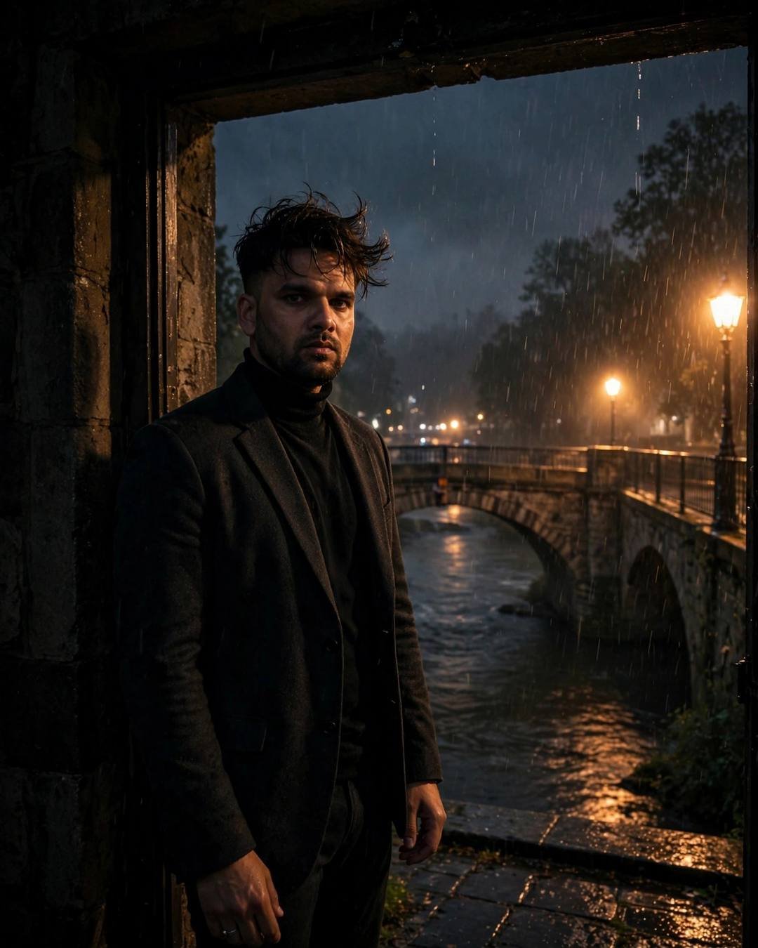 Young Indian man in charcoal blazer standing in a stone doorway by a rain-washed river bridge at midnight