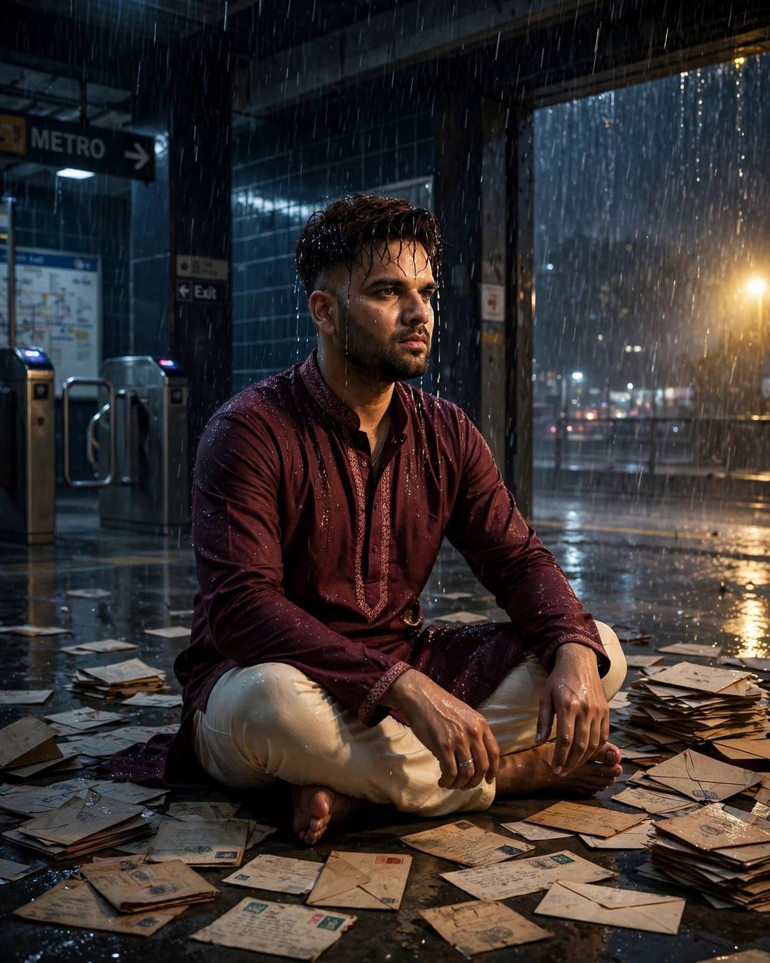 Young Indian man in maroon kurta sitting cross-legged among old letters at a rain-lashed metro station at midnight