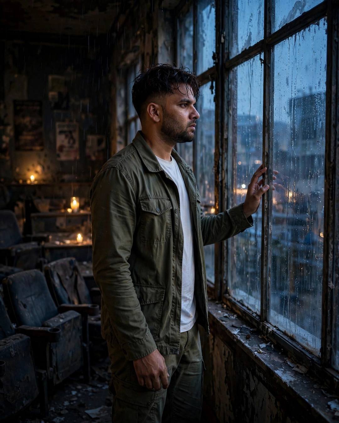 Young Indian man in olive field jacket standing at a rain-streaked window of an abandoned cinema, candlelight behind