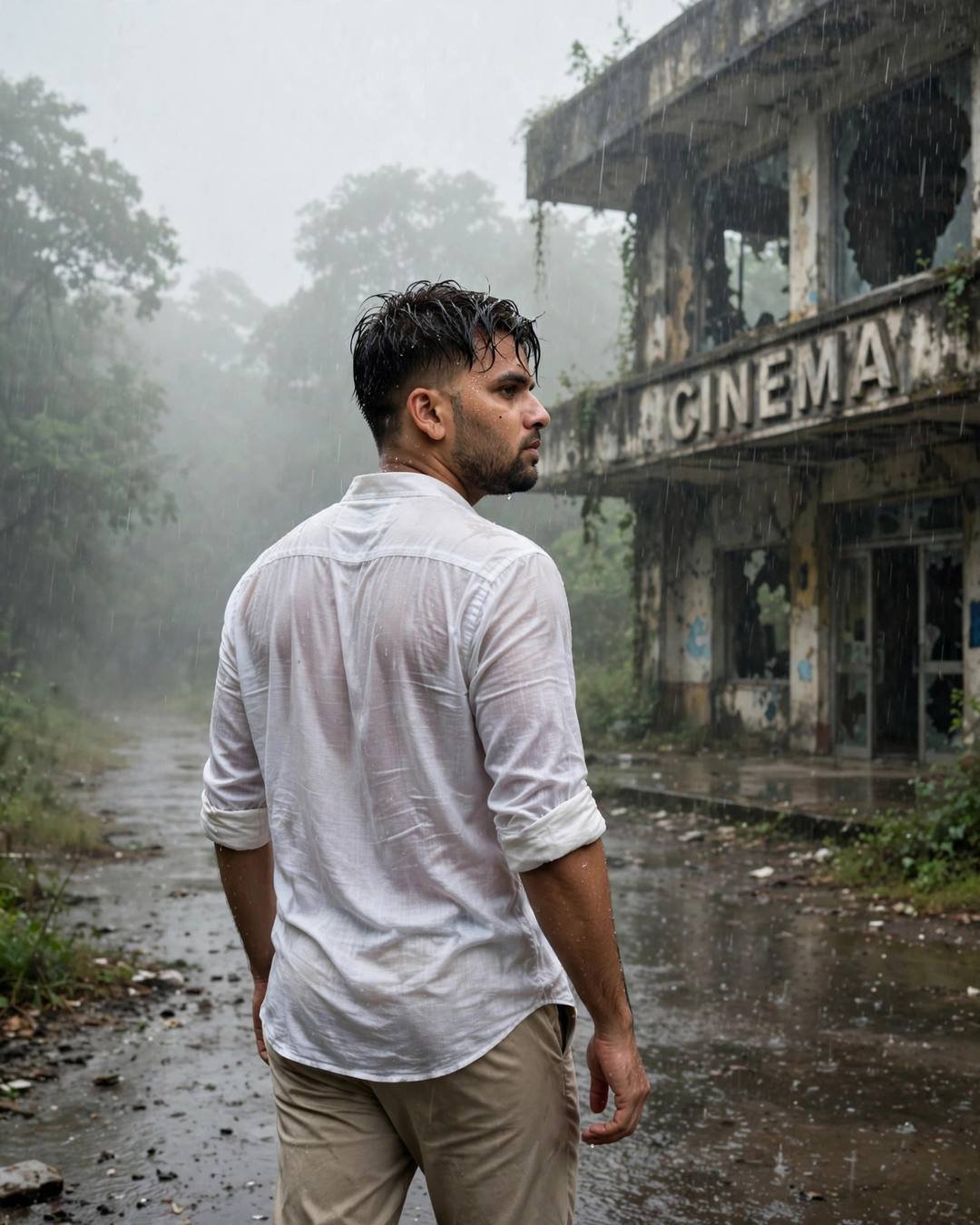 Young Indian man in white linen shirt walking away from an abandoned cinema in heavy monsoon rain
