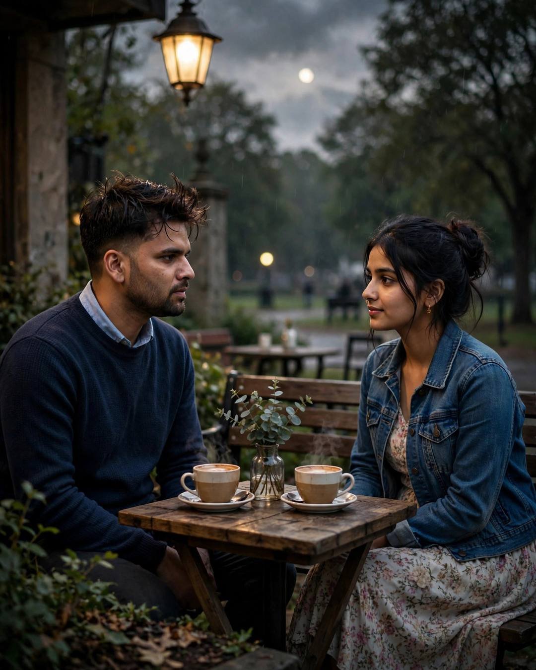 Young Indian couple at a small cafe table under a park lamp at night — man in navy sweater, woman in denim jacket over floral dress, two steaming cups between them
