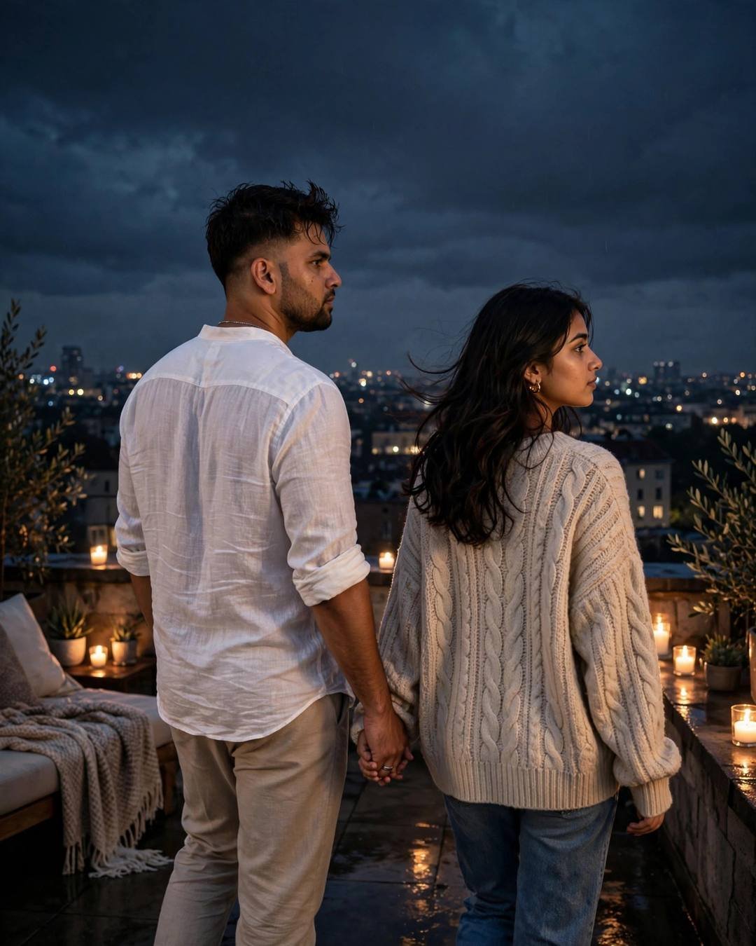 Young Indian couple walking hand in hand away from camera on a candlelit rooftop at night — man in white linen shirt, woman in oversized beige sweater, sleeping city below