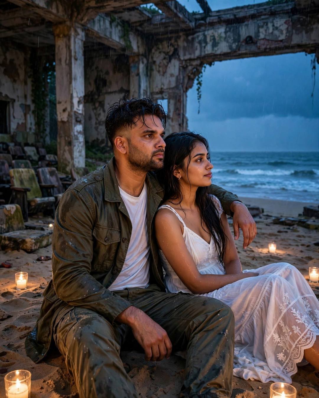Young Indian couple seated on sand among seaside ruins at blue hour — man in olive field jacket with his arm around her, woman in flowing white dress, candles and waves around
