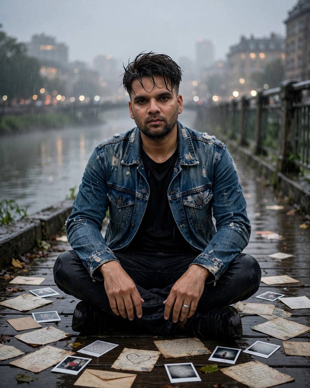 Young Indian man in distressed denim jacket sitting cross-legged on a rainy bridge over a river — surrounded by old letters and polaroids, city glowing behind the rain