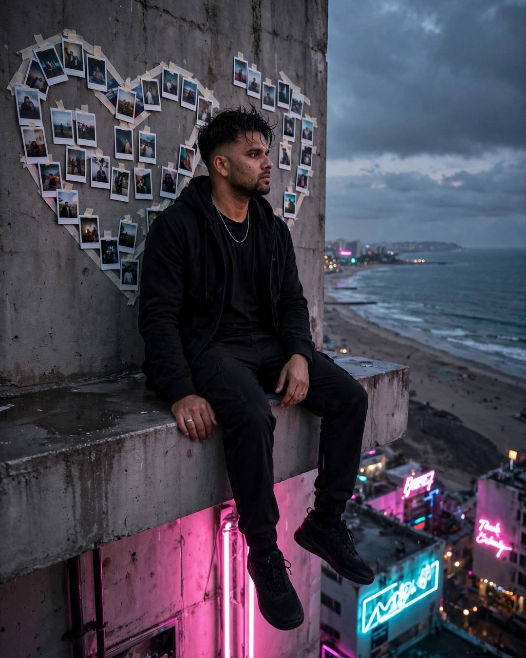 Young Indian man in all-black streetwear sitting on a rooftop ledge at dusk — legs dangling, a heart of polaroids taped on the wall behind, neon pink and cyan city below