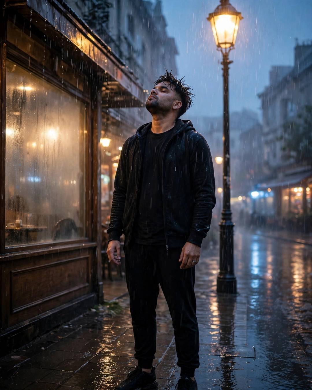 Young Indian man in black streetwear standing under a streetlamp in the rain at blue hour, face lifted to the sky