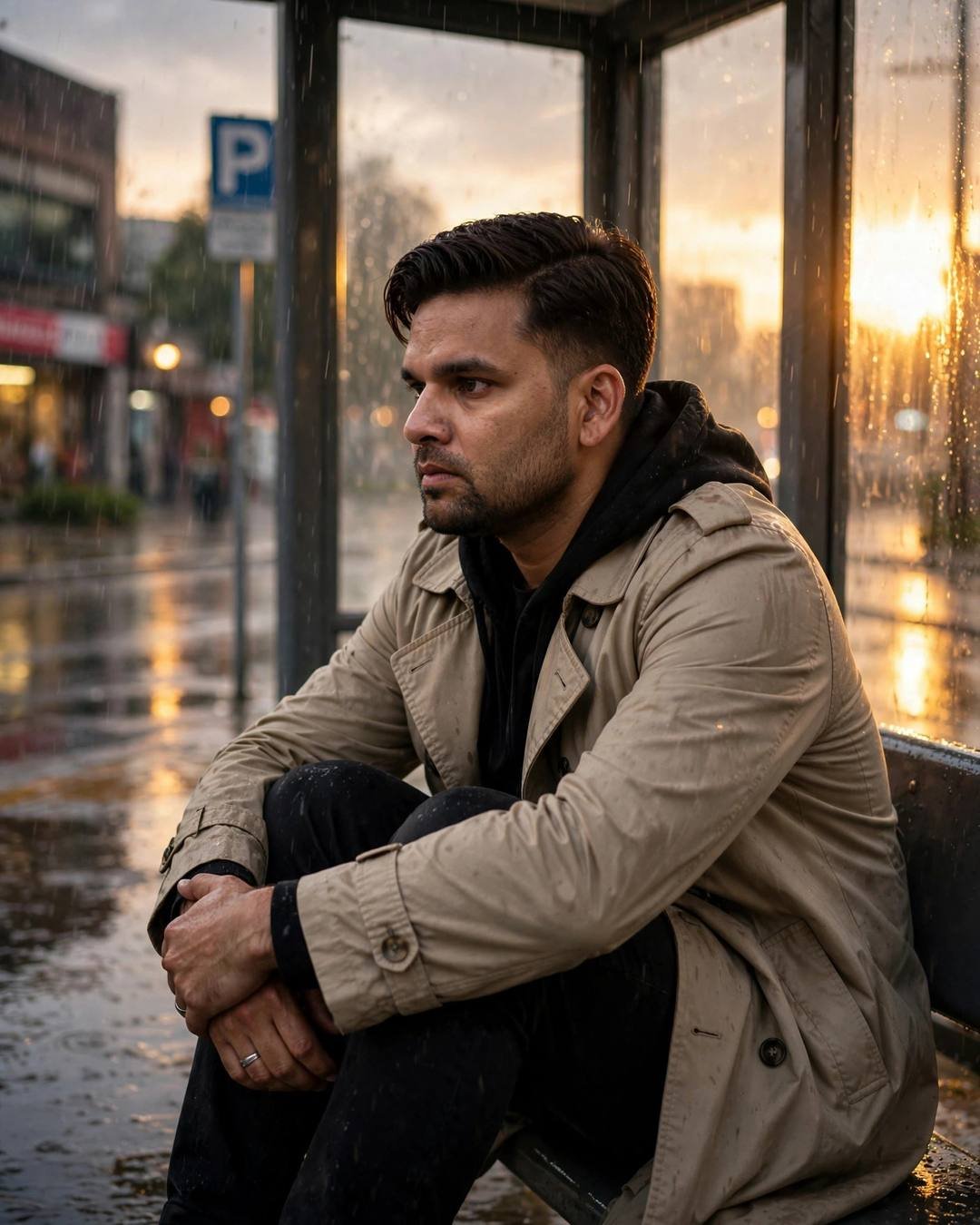 Young Indian man in beige trench coat sitting at a rain-washed bus stop, knees drawn up, golden hour