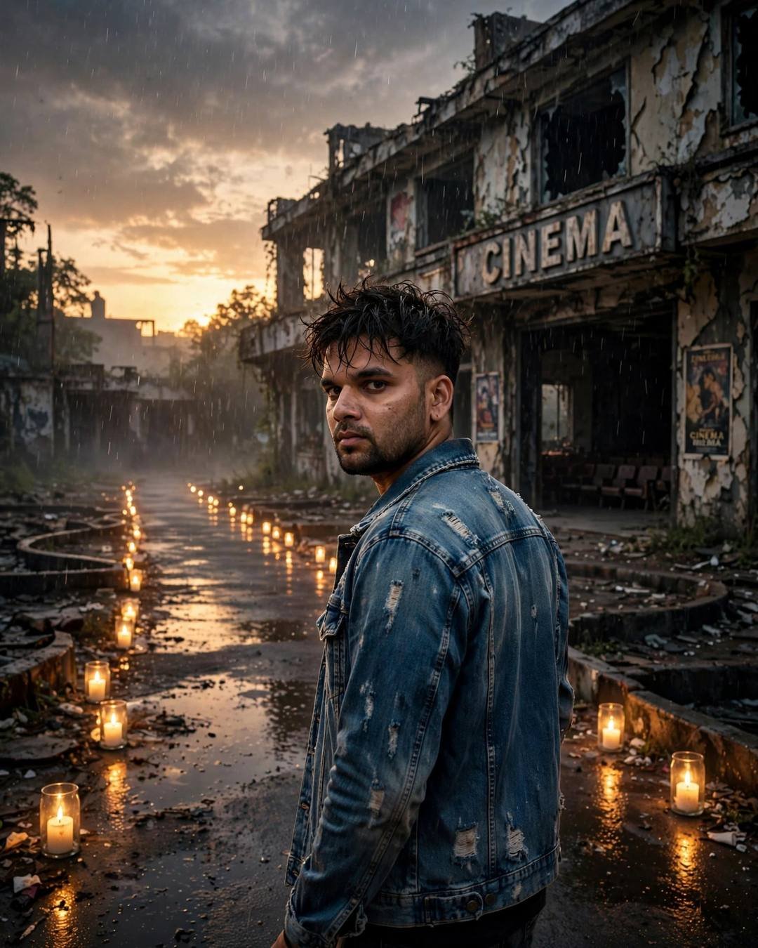 Young Indian man in denim jacket walking away from an abandoned cinema at golden hour, candles lining the wet path