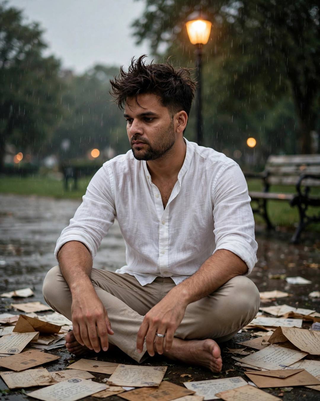 Young Indian man in white linen shirt sitting cross-legged among old letters in a rainy park — barefoot, lone lamp glowing warm, rain falling