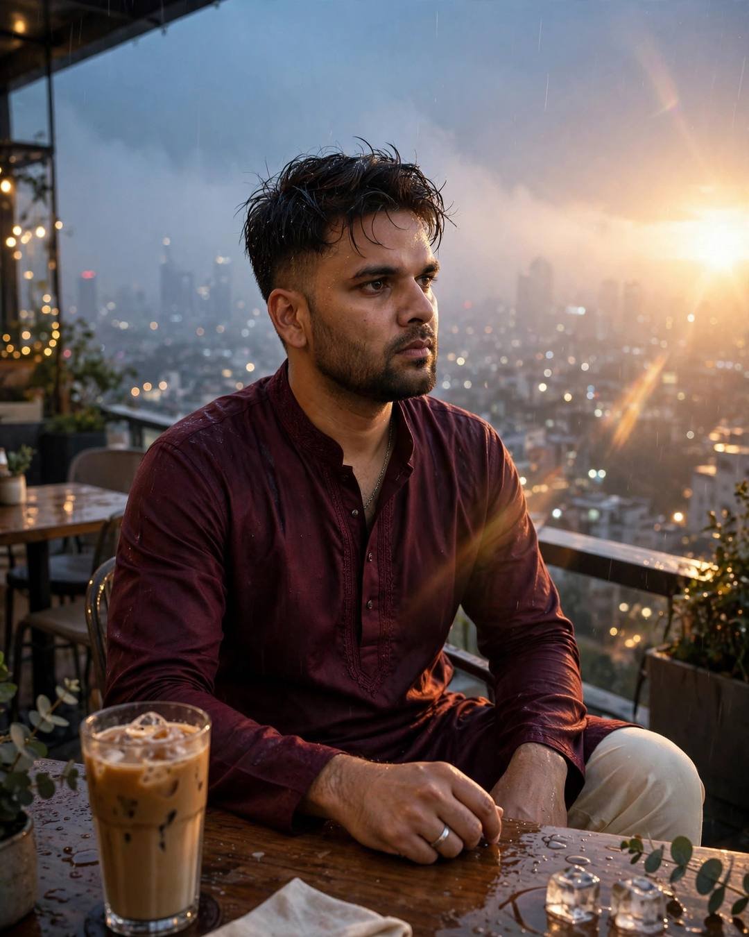 Young Indian man in maroon kurta sitting at a rooftop cafe table at blue hour — iced coffee before him, sleeping city lights below, golden backlight flaring