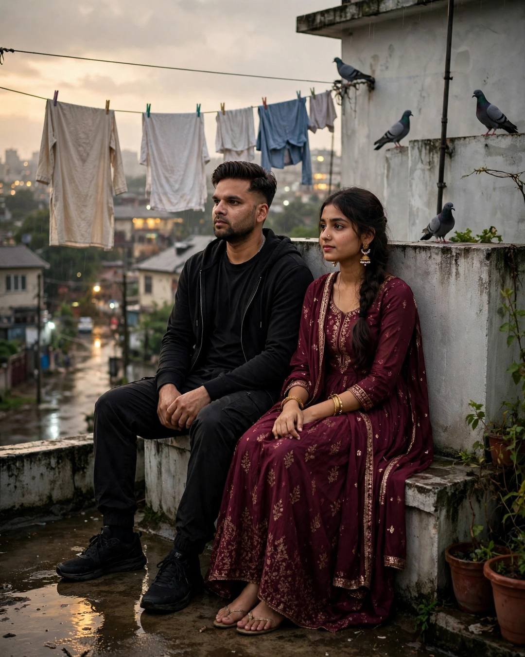 Young Indian couple sitting side by side on a rooftop terrace at golden hour, washing lines and pigeons around