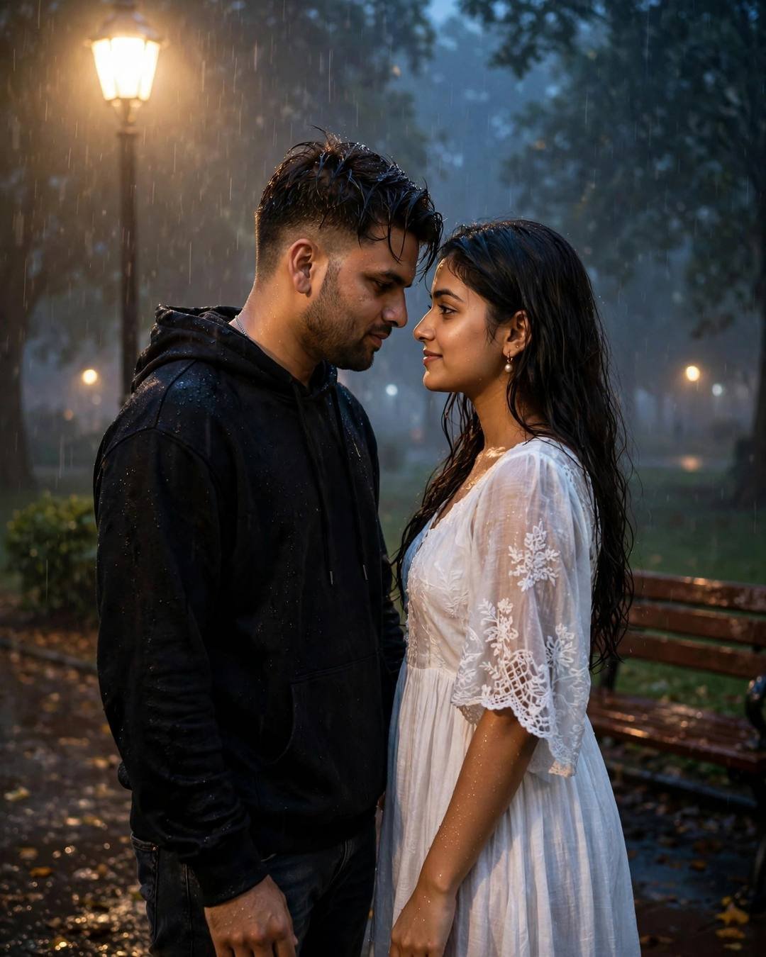 Young Indian couple standing face to face with foreheads almost touching in a rainy park at night, lamp glowing through fog
