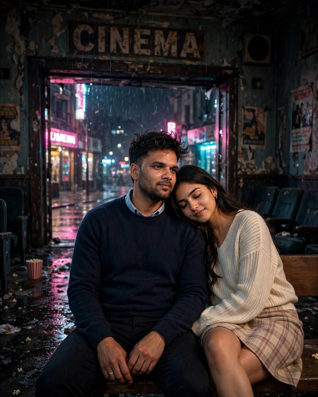 Young Indian couple sitting close on a bench in an abandoned cinema at night, her head on his shoulder, neon pink and cyan light spilling through the doorway