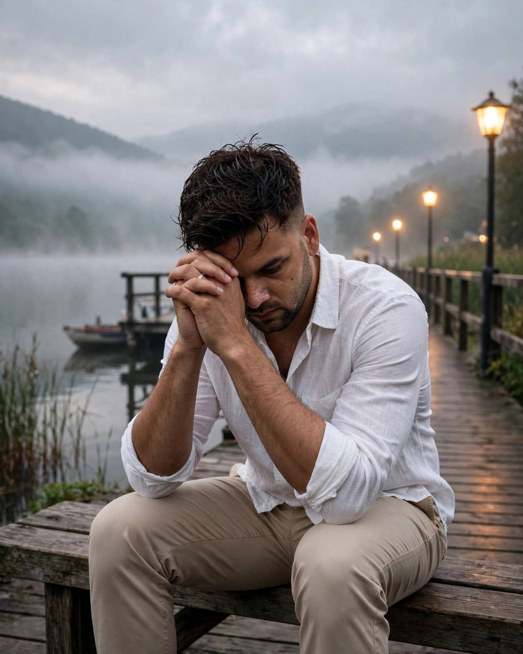 Young Indian man in a white shirt sitting on a misty lake pier bench at dawn, head bowed, hands clasped