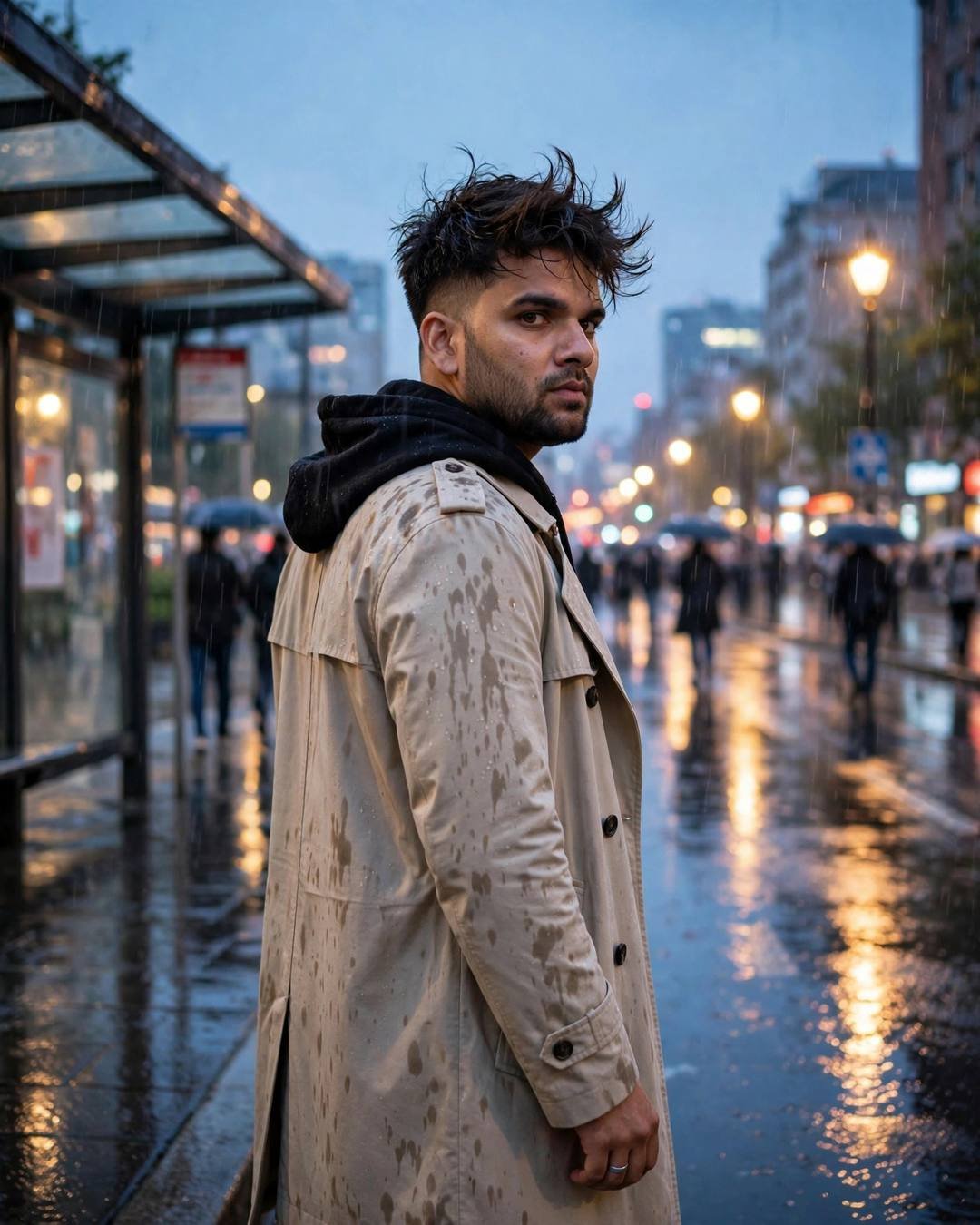 Young Indian man in a beige trench coat at a rainy bus stop, back to the camera, looking over his shoulder