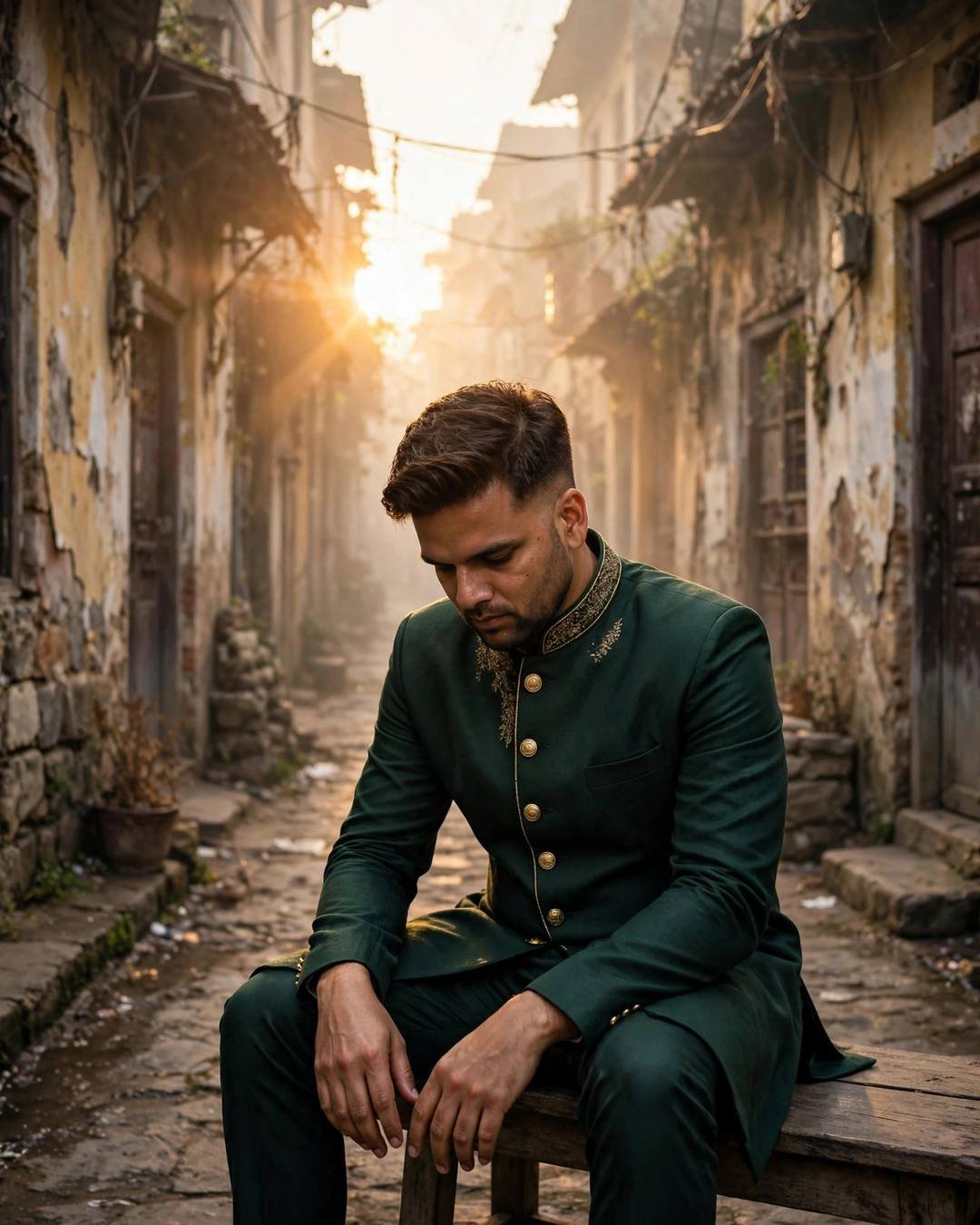Young Indian man in a deep green sherwani sitting on a bench in an old-city lane at golden hour, head bowed