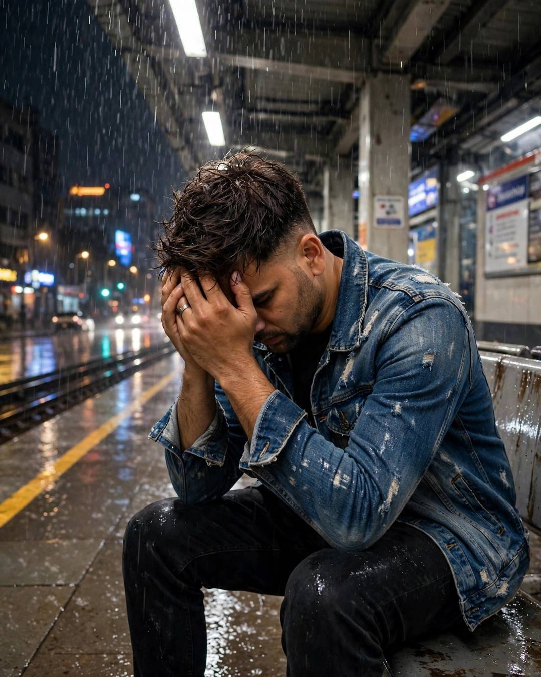 Young Indian man in distressed denim jacket with head in hands on a rain-soaked station bench at midnight
