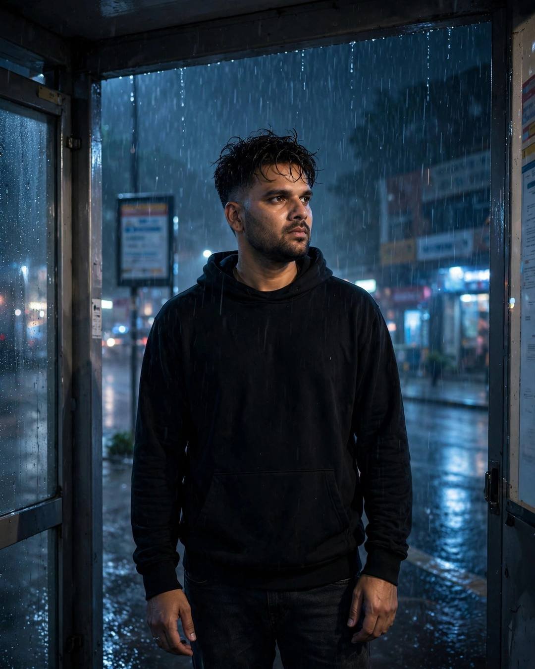 Young Indian man in black hoodie standing in a rain-soaked bus stop doorway at midnight, half in shadow