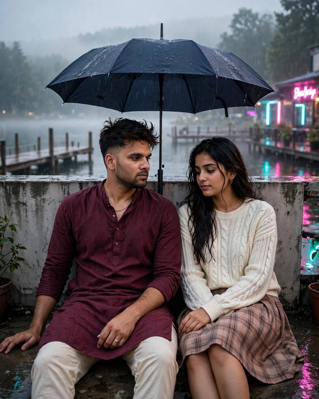 Young Indian couple sitting side by side under one black umbrella on a rooftop ledge overlooking a misty lake at dawn, neon signs glowing across the water