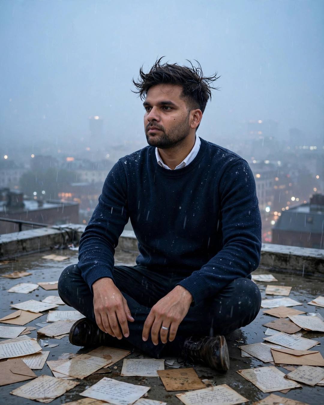 Young Indian man in a navy sweater over a collared shirt sitting cross-legged on a rainy rooftop surrounded by scattered old letters, city lights behind