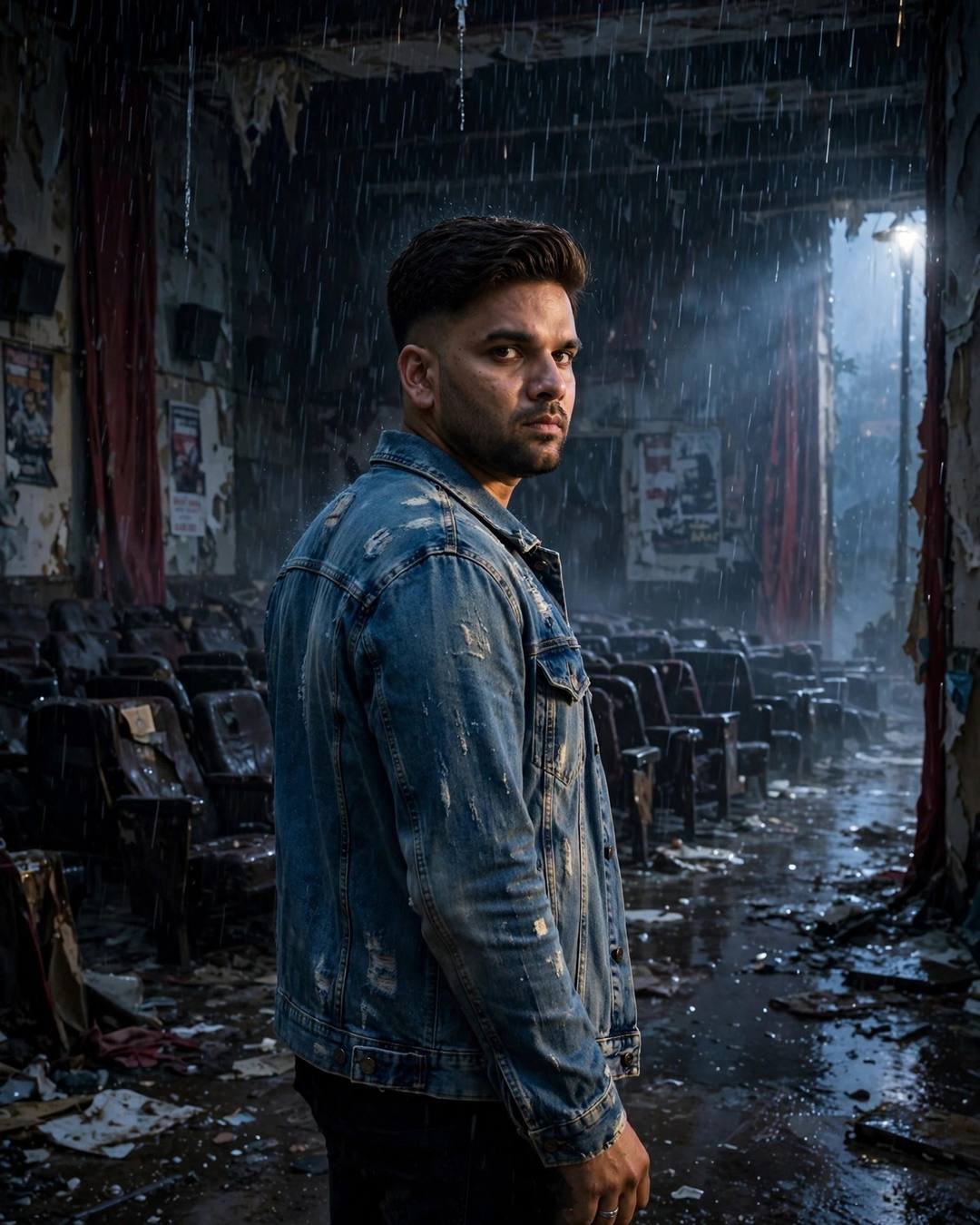 Young Indian man in a distressed denim jacket over a black tee looking over his shoulder inside a rain-damaged abandoned cinema hall