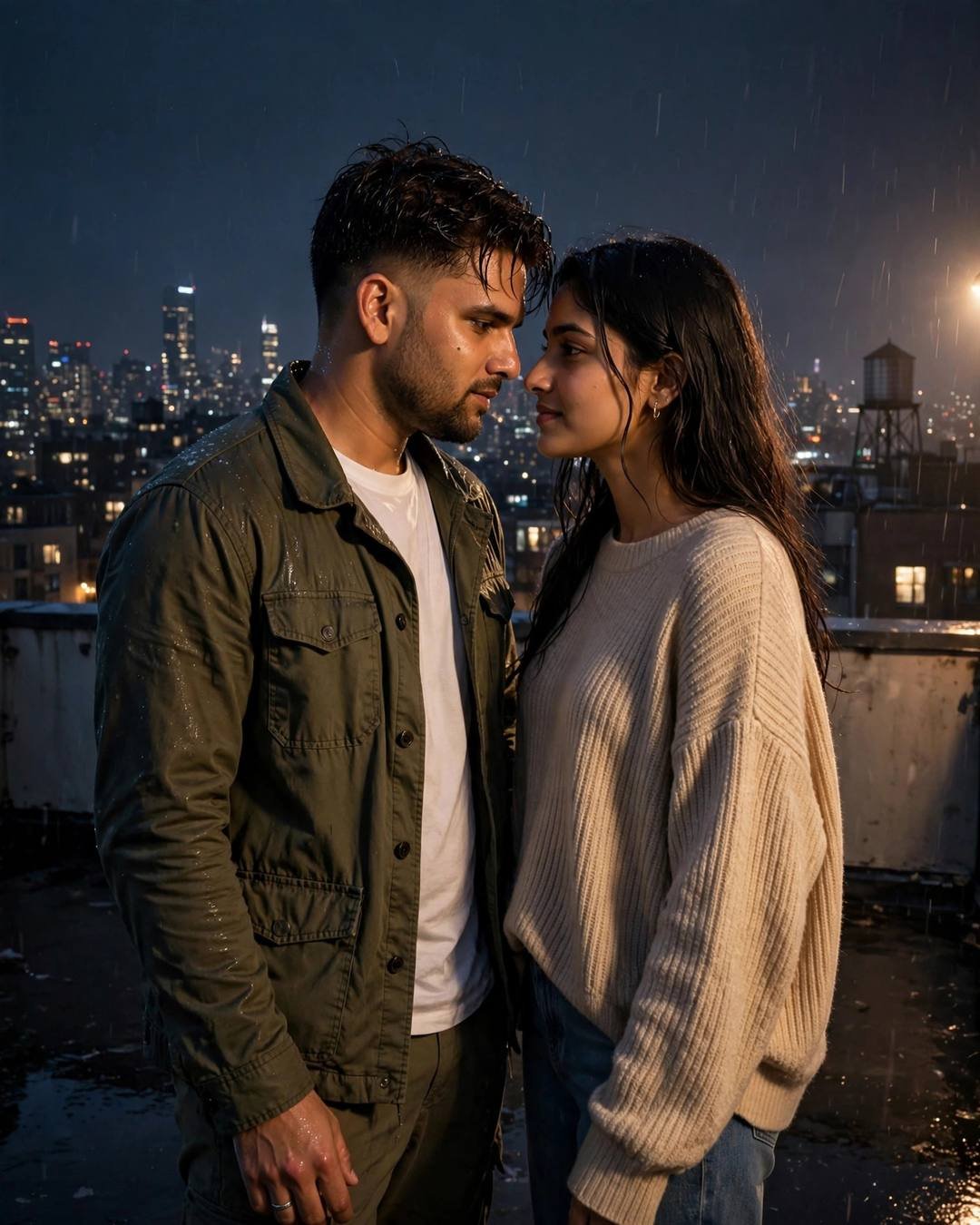 Young Indian couple on a rainy rooftop at night — man in olive field jacket, woman in oversized beige sweater, foreheads almost touching above the sleeping city