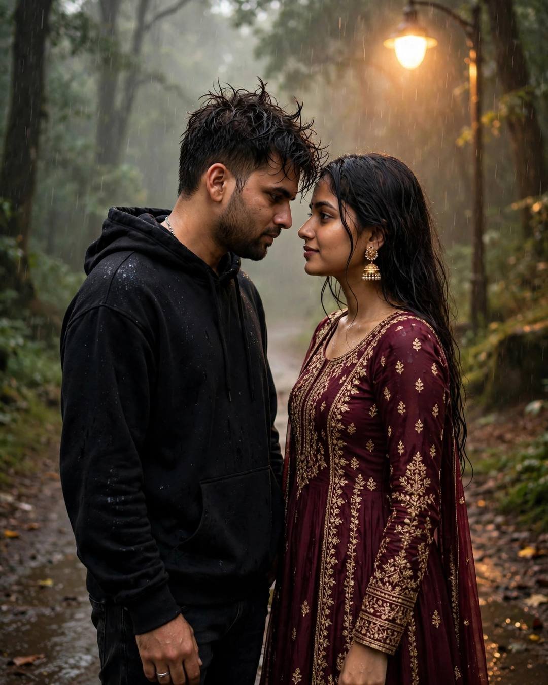 Young Indian couple on a misty forest path in the rain — man in black hoodie, woman in maroon anarkali with jhumkas, foreheads almost touching under a warm streetlamp