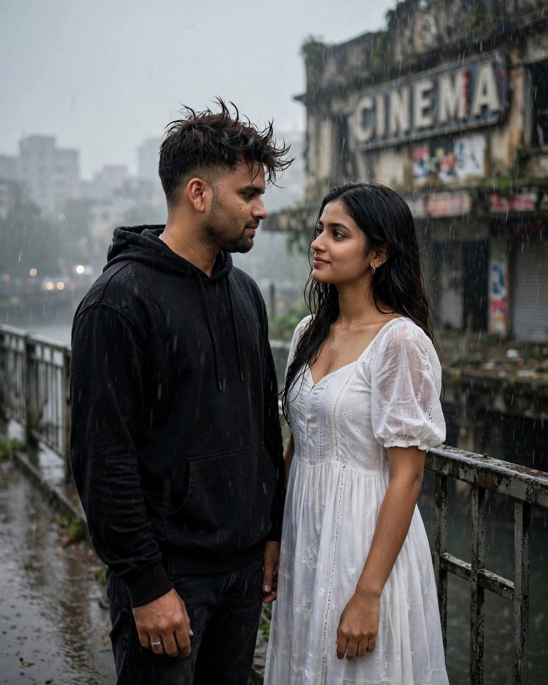 Young couple standing on a bridge in monsoon rain looking at each other, man in black hoodie, woman in white dress, old cinema sign behind