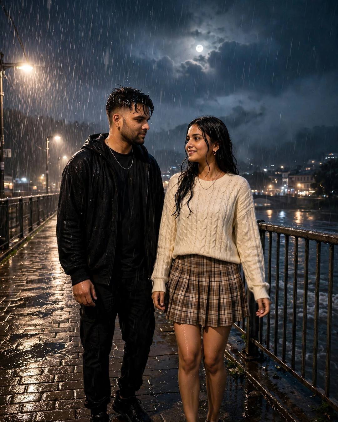 Young Indian couple standing close on a bridge in heavy monsoon rain at night, smiling at each other