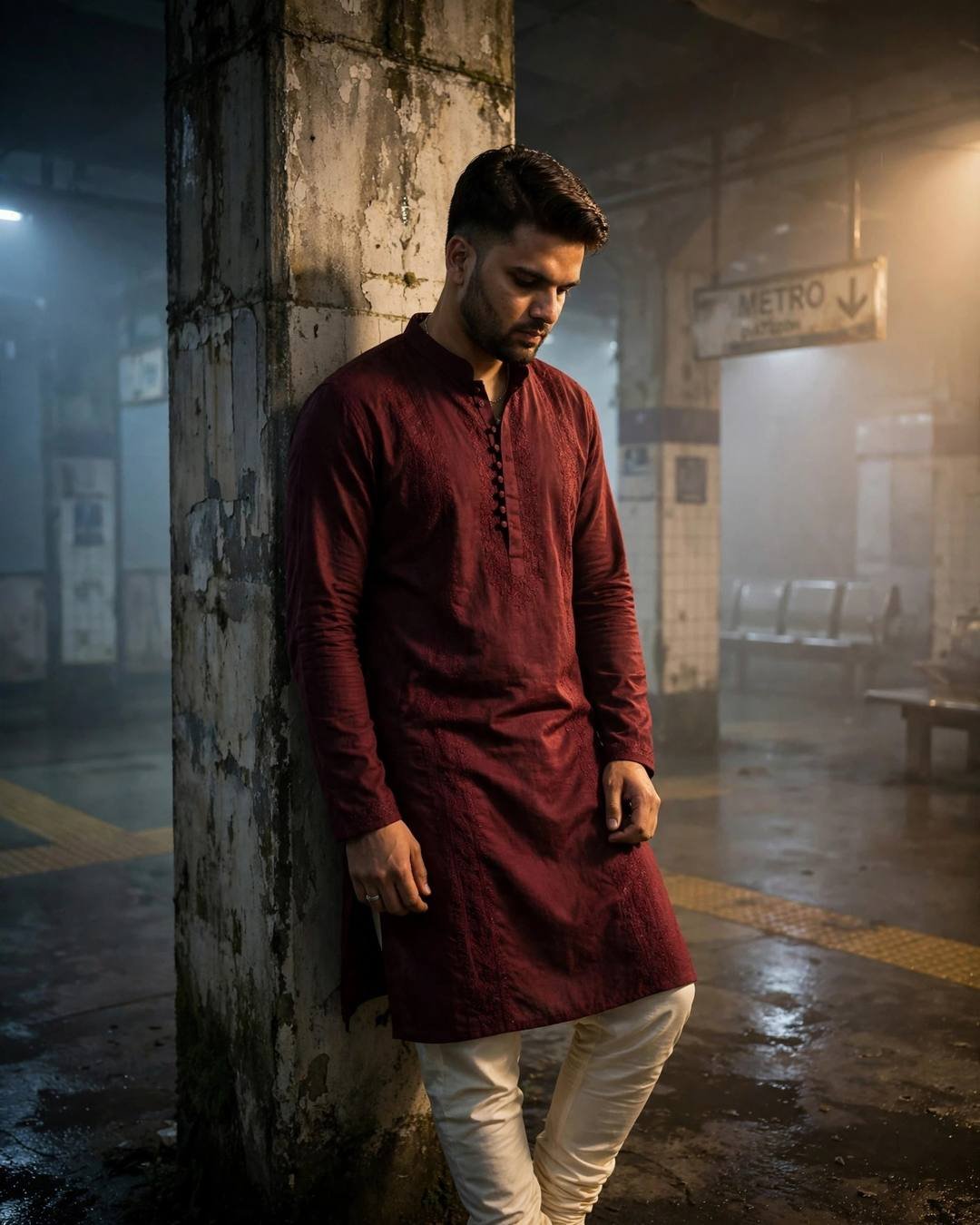 Young Indian man in maroon kurta leaning against a weathered pillar in a foggy midnight metro station — head tilted down, dramatic side light, METRO sign glowing