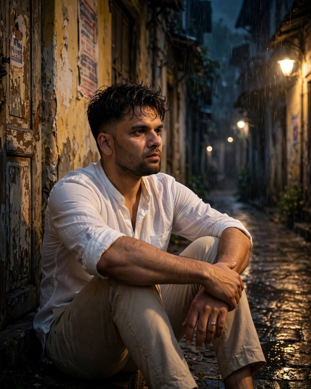 Young Indian man in white linen shirt sitting with knees drawn up in a drizzly old-city lane at midnight — dramatic side light, peeling walls, tender guarded expression