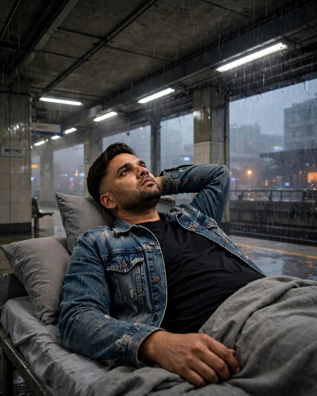 Young Indian man in distressed denim jacket reclined on a bed on an empty metro platform — one arm behind head, rain sheets falling, foggy city beyond