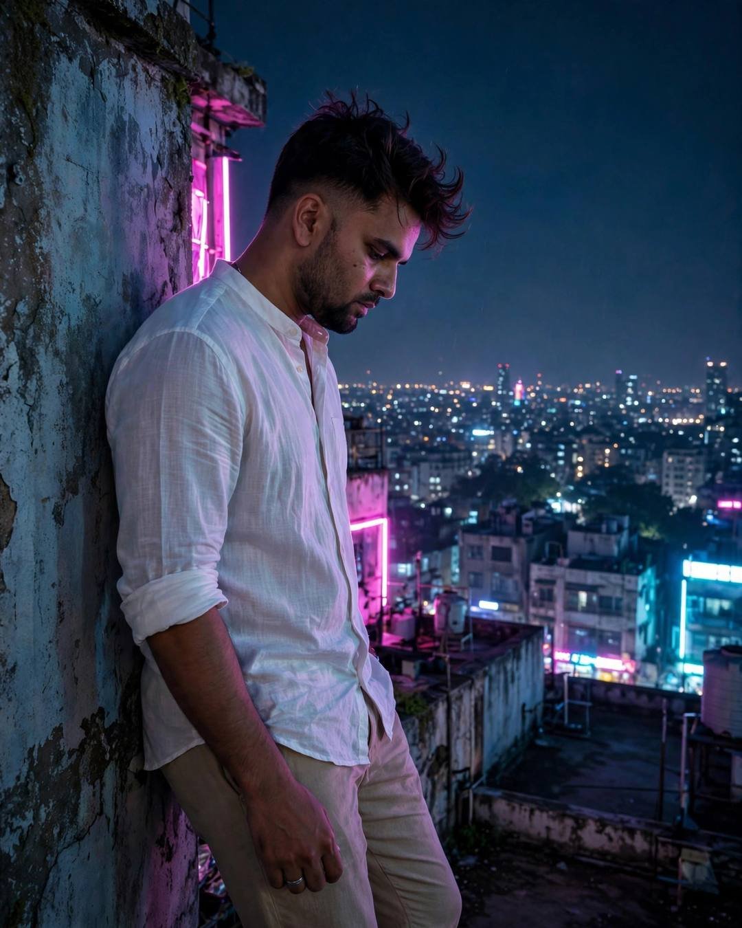Young Indian man in a white linen shirt leaning against a weathered wall on a midnight rooftop, neon pink and cyan glow, city lights below