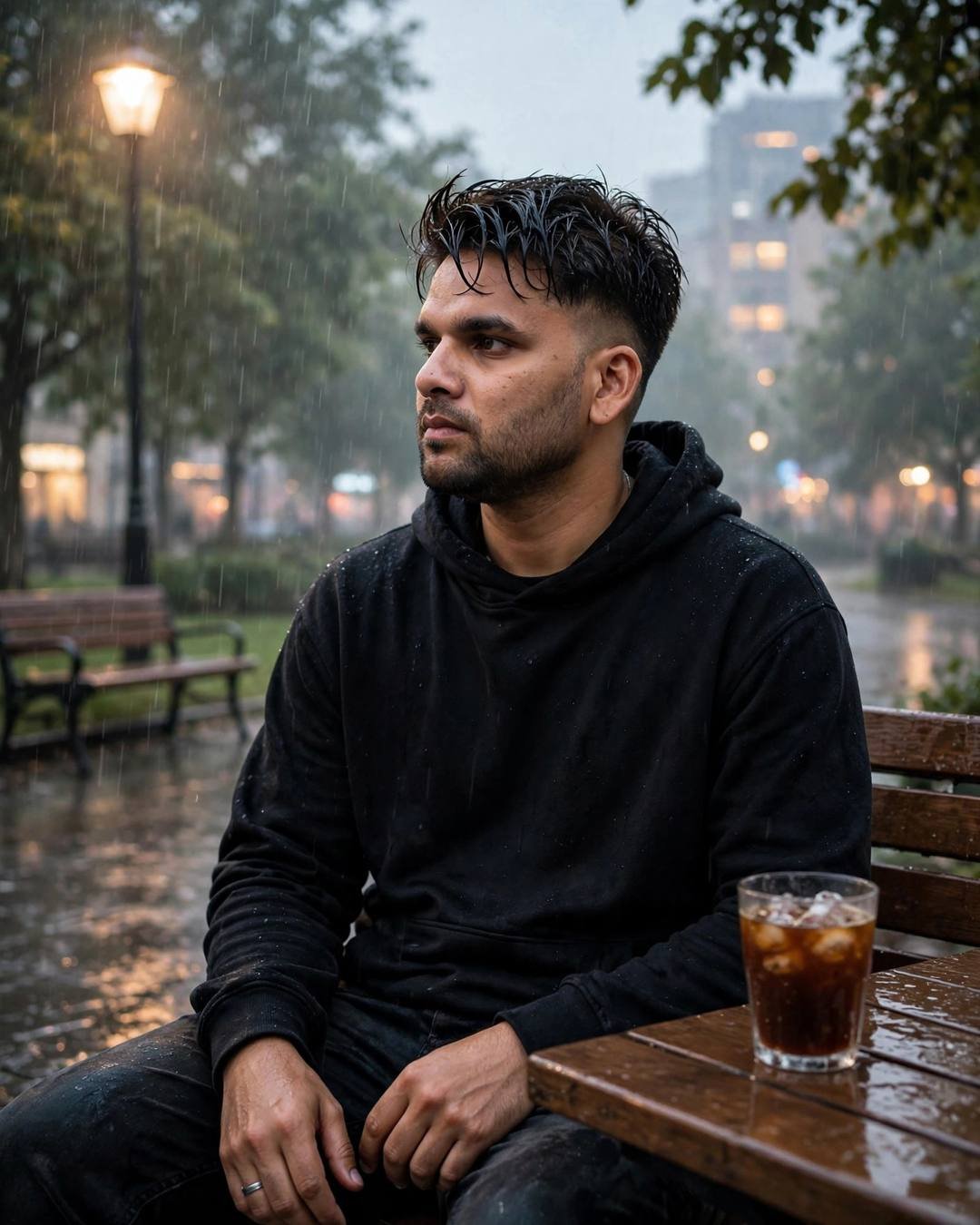 Young Indian man in a black hoodie sitting on a rainy park bench under a glowing lamp, damp hair, gazing into the distance
