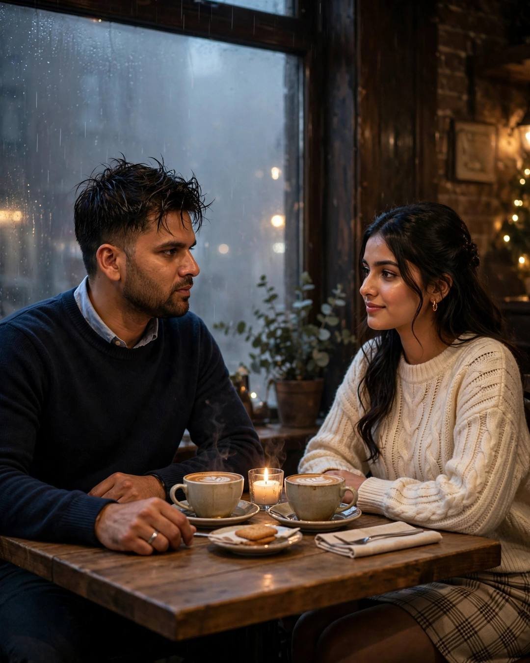Young couple seated across a cafe table with two lattes and a candle, rain-streaked window behind, hands almost touching