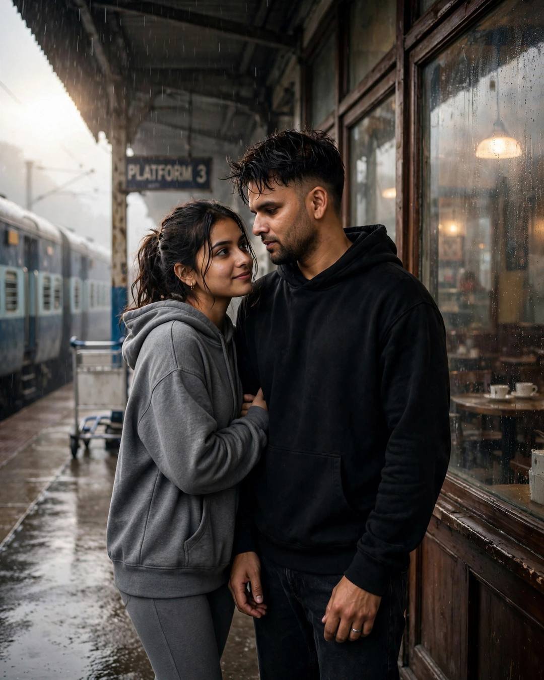 Young couple in a close embrace on a rainy railway platform beside a waiting train
