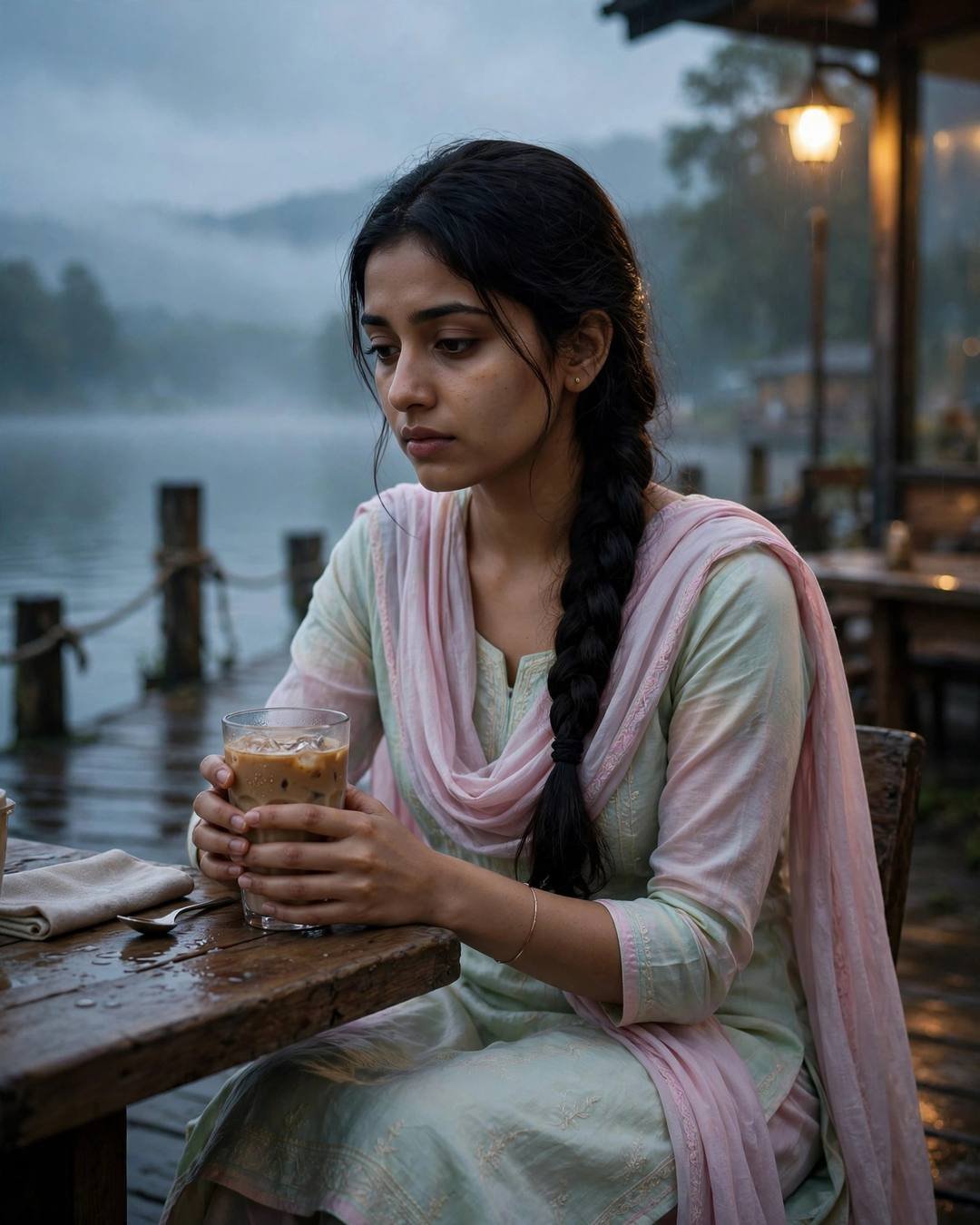 Young Indian woman with a long braid in a pastel salwar-kameez, seated at a cafe table on a misty lake pier at dawn with an iced coffee
