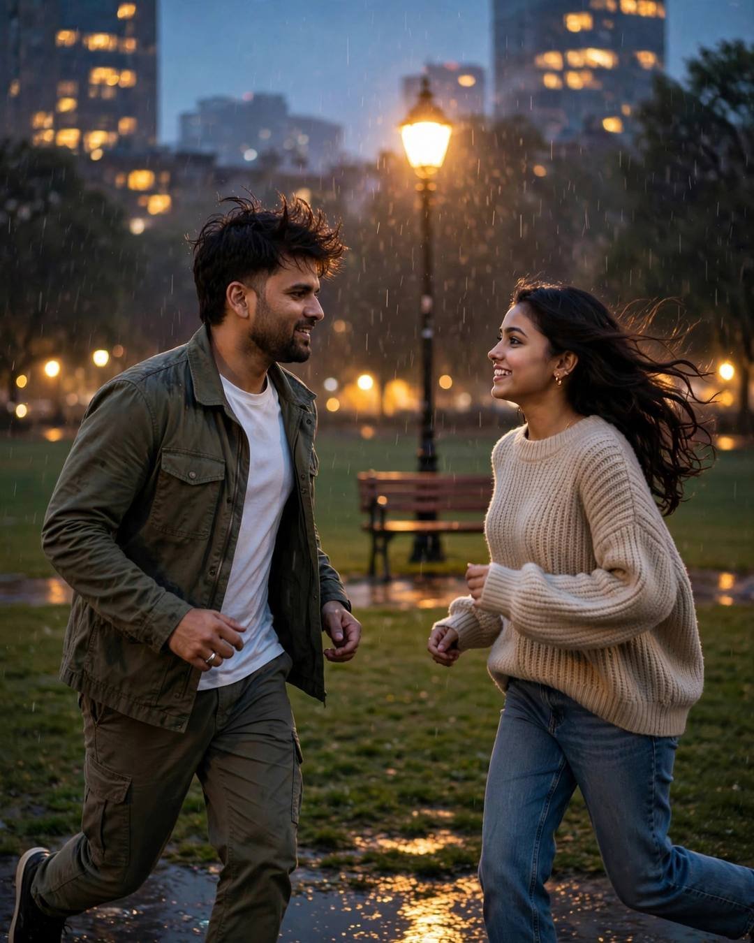 Young Indian couple running toward each other laughing in a rainy park at dusk, man in olive field jacket, woman in beige sweater, lamp glowing