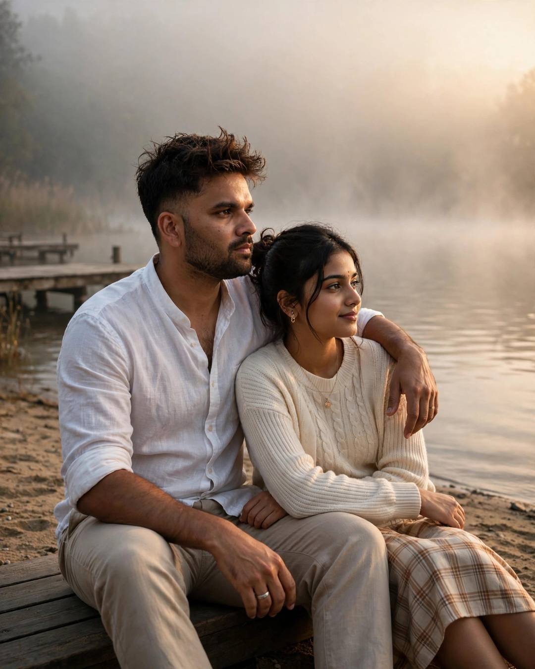 Young Indian couple sitting close on sand by a misty lake at dawn, man in white linen shirt with his arm around her, fog over the water