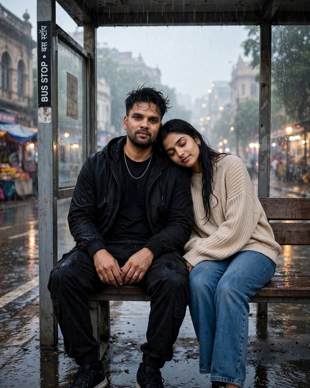 Young Indian couple sitting in a rain-wet bus shelter at dawn, her head on his shoulder