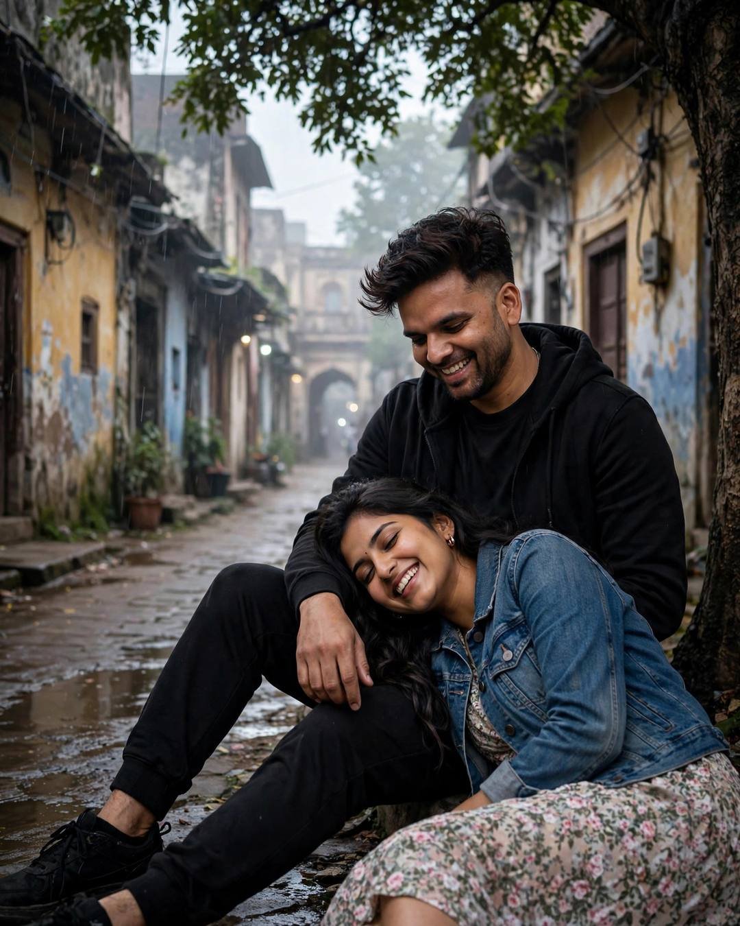 Young Indian couple laughing softly under a tree in an old-city lane, her head in his lap