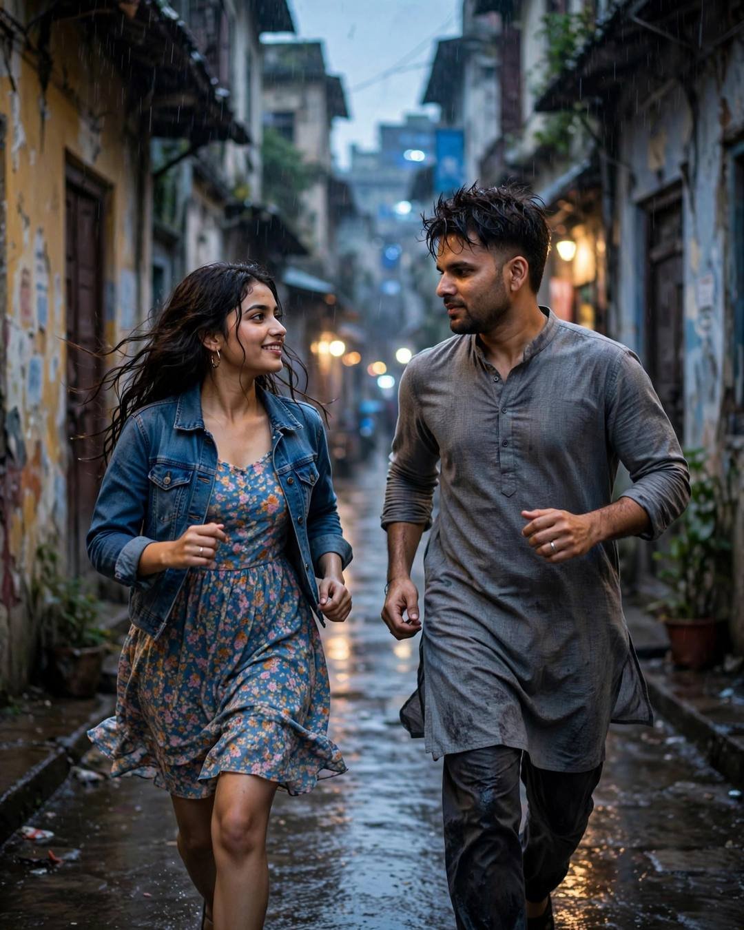Couple running toward each other down a rain-washed old-city lane at blue hour, man in grey kurta, woman in denim jacket
