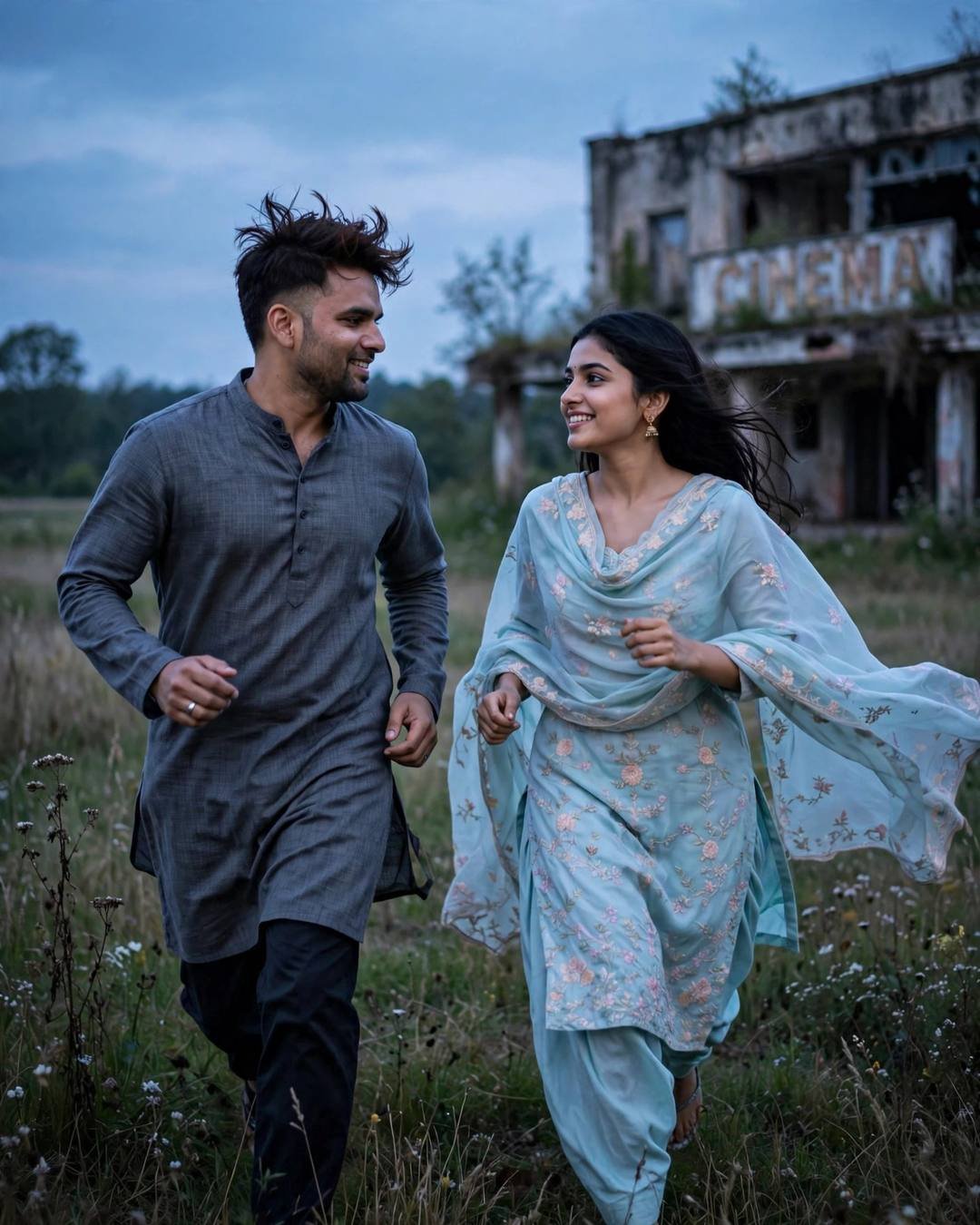 Couple in traditional attire running across a field at blue hour beside an abandoned cinema, smiling at each other