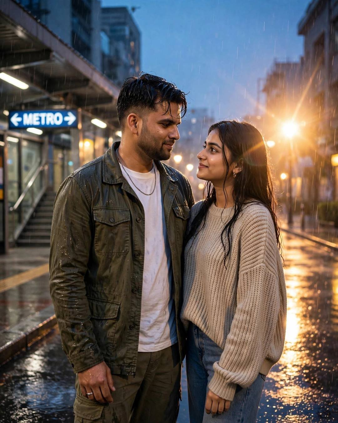 Couple standing close under streetlights by a metro station in light rain, golden backlight flare, gazing at each other