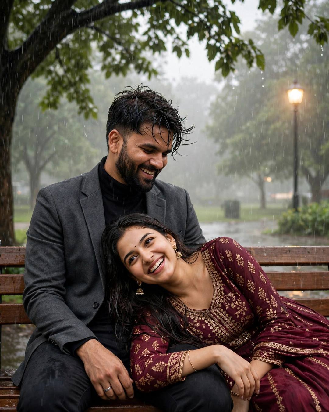 Couple on a rain-soaked park bench under a lamp, woman's head in man's lap, both laughing softly