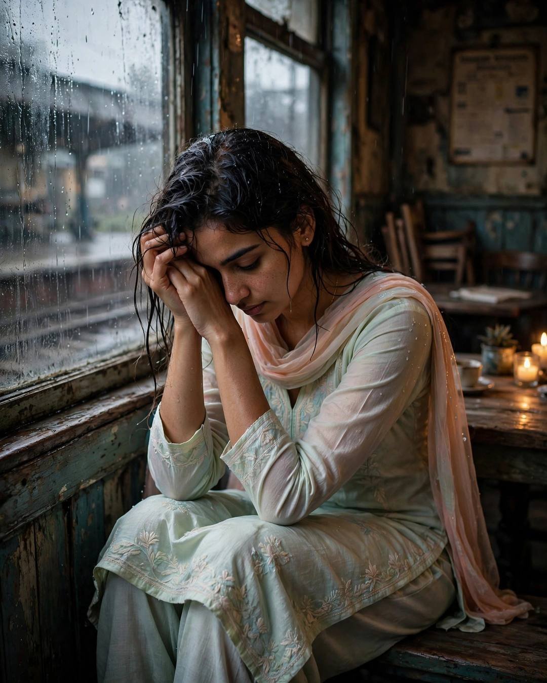 Young Indian woman in pastel salwar-kameez sitting by a rain-streaked cafe window, head in hands, candlelight