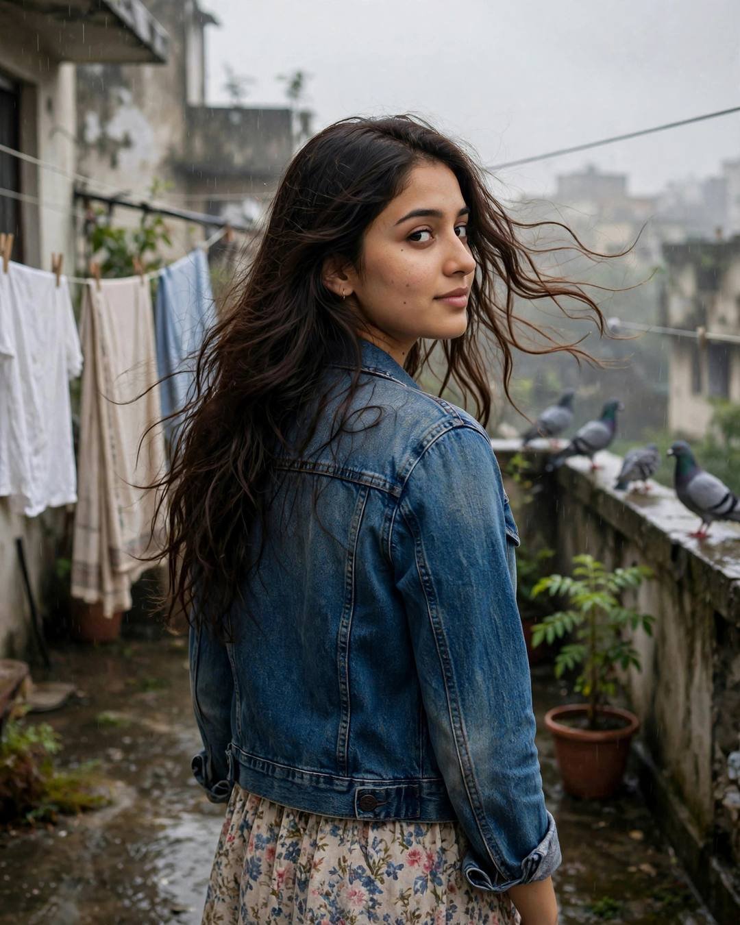 Young Indian woman in denim jacket over floral dress on a drizzly terrace, looking over her shoulder, pigeons and drying clothes